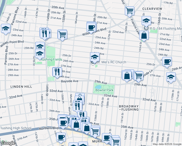 map of restaurants, bars, coffee shops, grocery stores, and more near 15424 26th Avenue in Queens