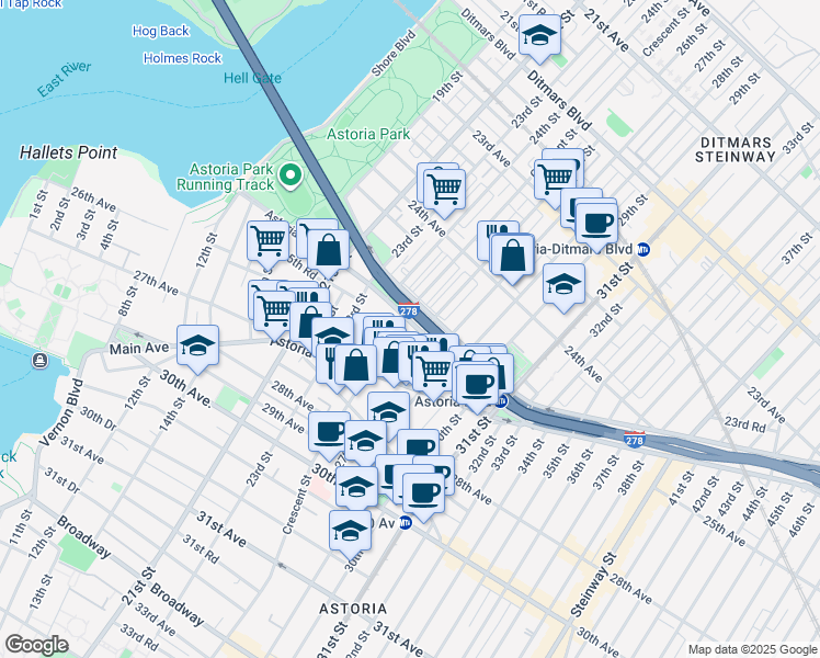 map of restaurants, bars, coffee shops, grocery stores, and more near 2501 Crescent Street in Queens