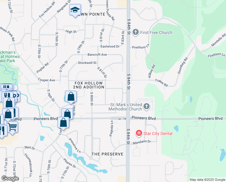 map of restaurants, bars, coffee shops, grocery stores, and more near 8210 Prescott Avenue in Lincoln
