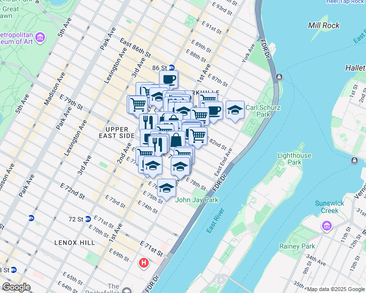 map of restaurants, bars, coffee shops, grocery stores, and more near 415-419 East 80th Street in New York