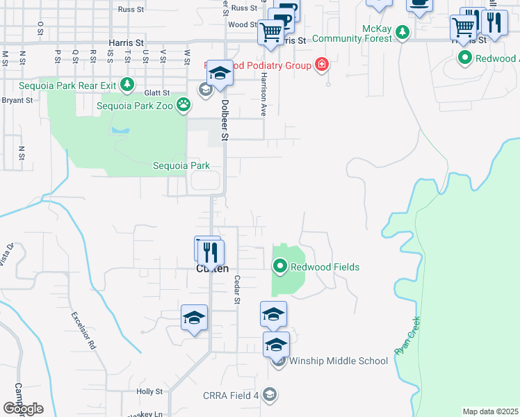 map of restaurants, bars, coffee shops, grocery stores, and more near 2475 Redwood Street in Eureka