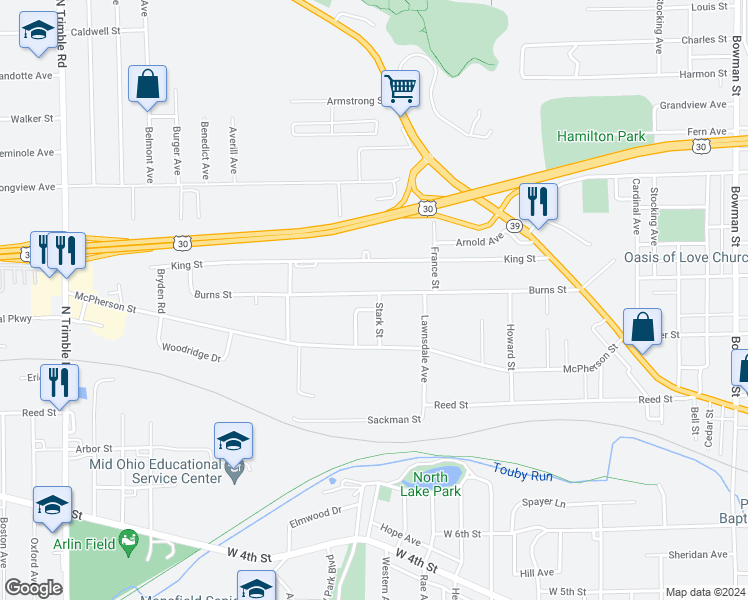 map of restaurants, bars, coffee shops, grocery stores, and more near 653 Burns Street in Mansfield