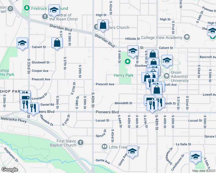 map of restaurants, bars, coffee shops, grocery stores, and more near 4211 Prescott Avenue in Lincoln