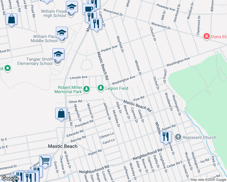 map of restaurants, bars, coffee shops, grocery stores, and more near 281 Beaver Drive in Mastic Beach