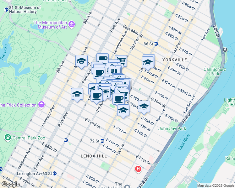 map of restaurants, bars, coffee shops, grocery stores, and more near 233 East 77th Street in New York