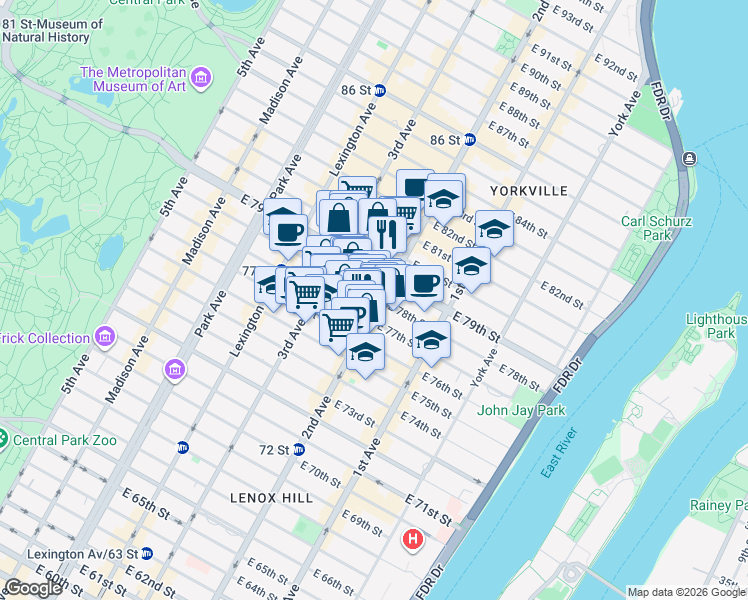 map of restaurants, bars, coffee shops, grocery stores, and more near in New York