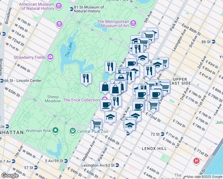map of restaurants, bars, coffee shops, grocery stores, and more near 909 5th Avenue in New York