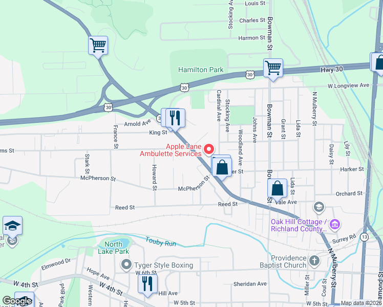 map of restaurants, bars, coffee shops, grocery stores, and more near 423 Burns Street in Mansfield