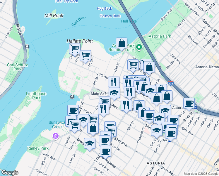 map of restaurants, bars, coffee shops, grocery stores, and more near 2726 12th Street in Queens