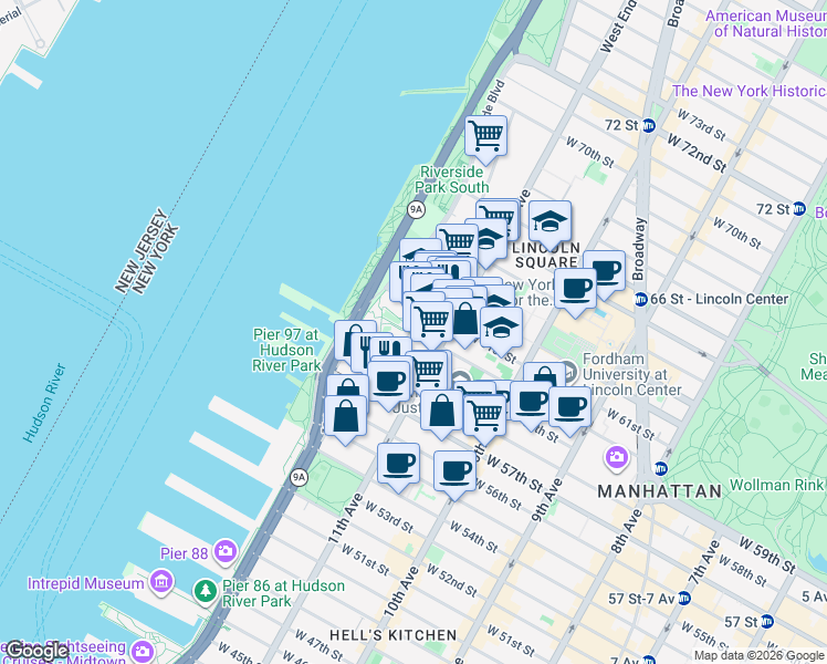 map of restaurants, bars, coffee shops, grocery stores, and more near Freedom Place South in New York