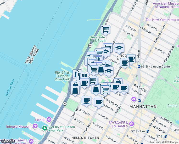 map of restaurants, bars, coffee shops, grocery stores, and more near Freedom Place South in New York
