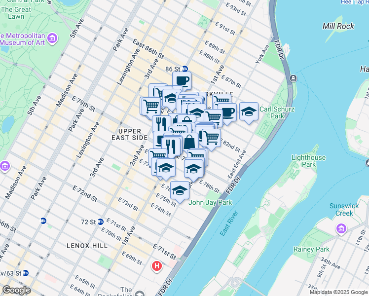 map of restaurants, bars, coffee shops, grocery stores, and more near 404 East 80th Street in New York