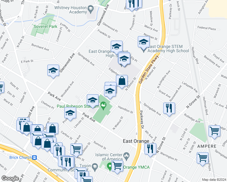 map of restaurants, bars, coffee shops, grocery stores, and more near 55 Morris Street in East Orange