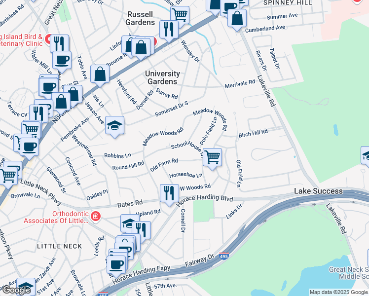 map of restaurants, bars, coffee shops, grocery stores, and more near 24 School House Lane in Lake Success