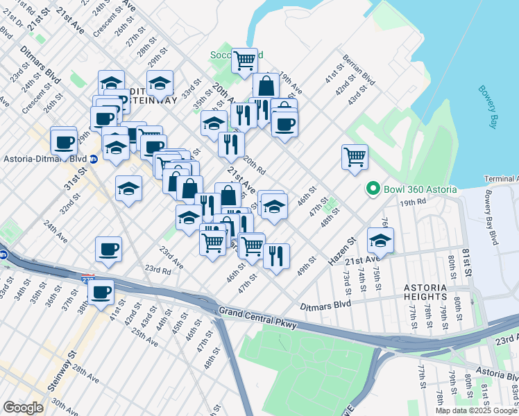 map of restaurants, bars, coffee shops, grocery stores, and more near 21-11 43rd Street in Queens