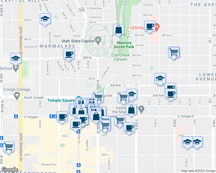 map of restaurants, bars, coffee shops, grocery stores, and more near in Salt Lake City