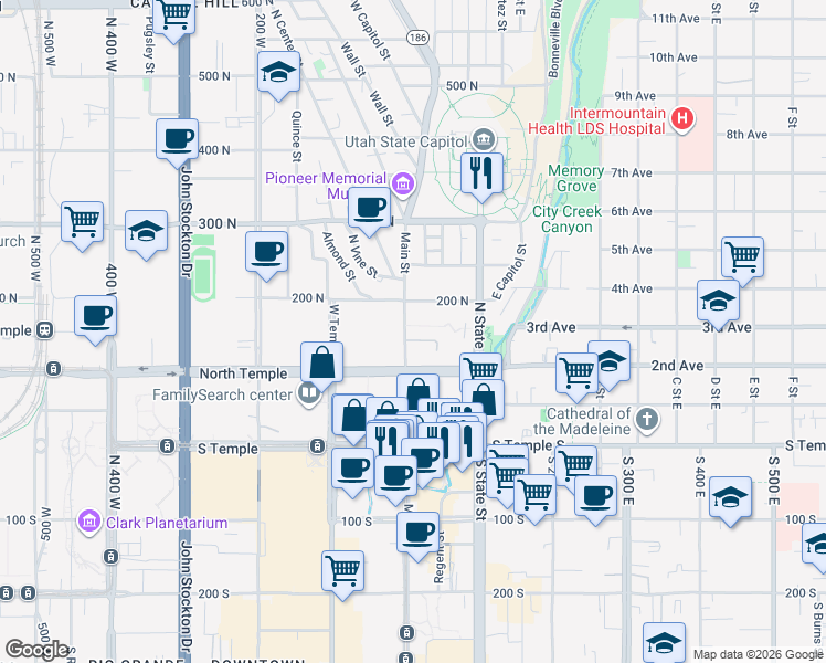 map of restaurants, bars, coffee shops, grocery stores, and more near in Salt Lake City