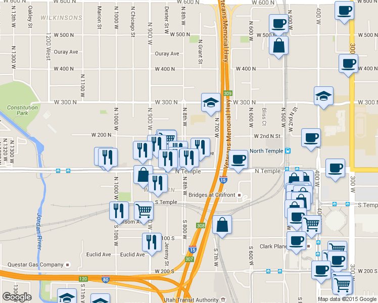 map of restaurants, bars, coffee shops, grocery stores, and more near 154 North 8th West in Salt Lake City