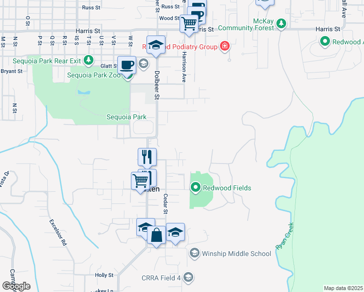 map of restaurants, bars, coffee shops, grocery stores, and more near 2475 Redwood Street in Eureka
