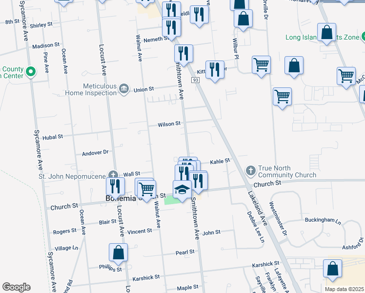 map of restaurants, bars, coffee shops, grocery stores, and more near 1216 Smithtown Avenue in Bohemia