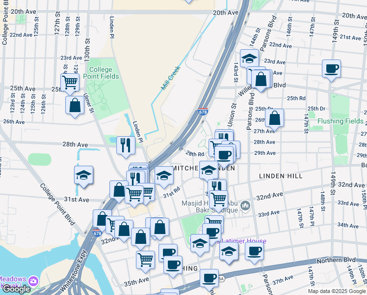 map of restaurants, bars, coffee shops, grocery stores, and more near 26-20 Whitestone Expressway in Queens