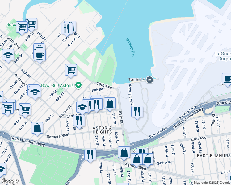 map of restaurants, bars, coffee shops, grocery stores, and more near 80-8 19th Avenue in Queens