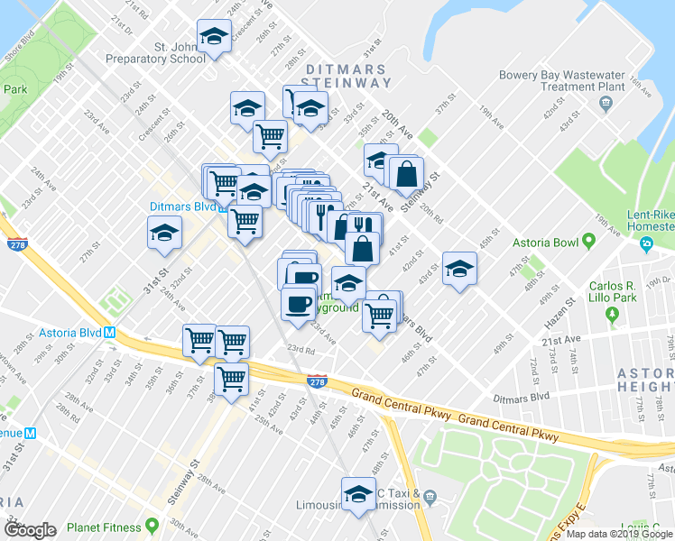 map of restaurants, bars, coffee shops, grocery stores, and more near 2200 38th Street in Queens