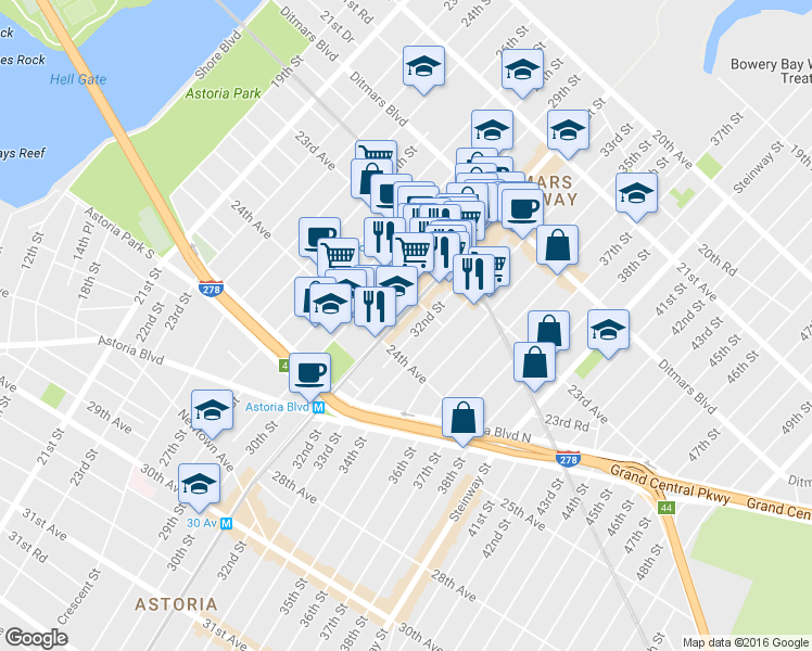 map of restaurants, bars, coffee shops, grocery stores, and more near 23-53 31st Street in Queens