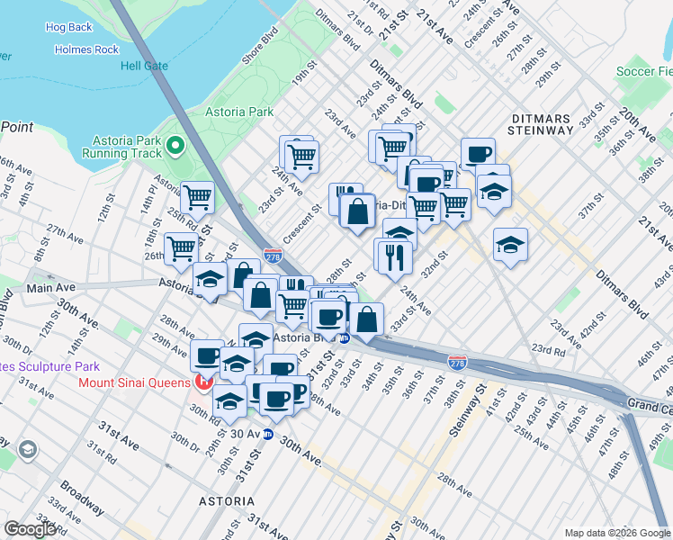 map of restaurants, bars, coffee shops, grocery stores, and more near 24-39 27th Street in Queens