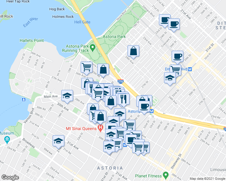 map of restaurants, bars, coffee shops, grocery stores, and more near 25-27 23rd Street in Queens