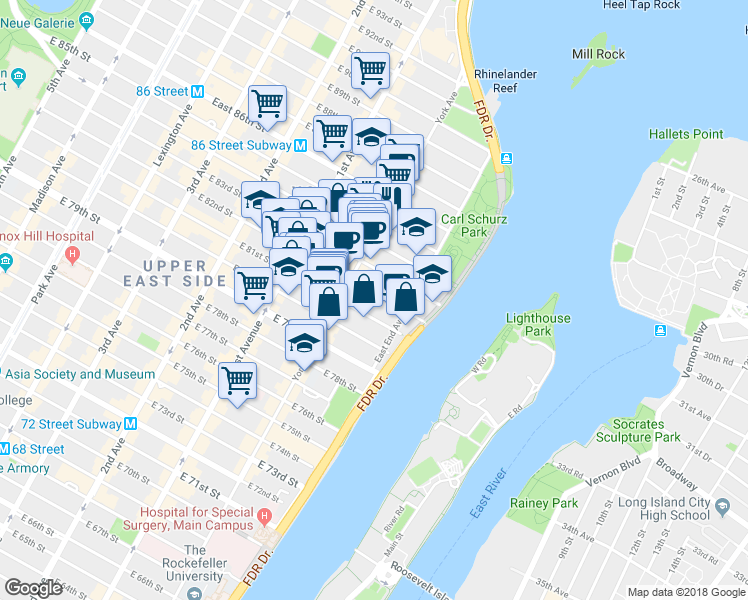 map of restaurants, bars, coffee shops, grocery stores, and more near 506 East 82nd Street in New York
