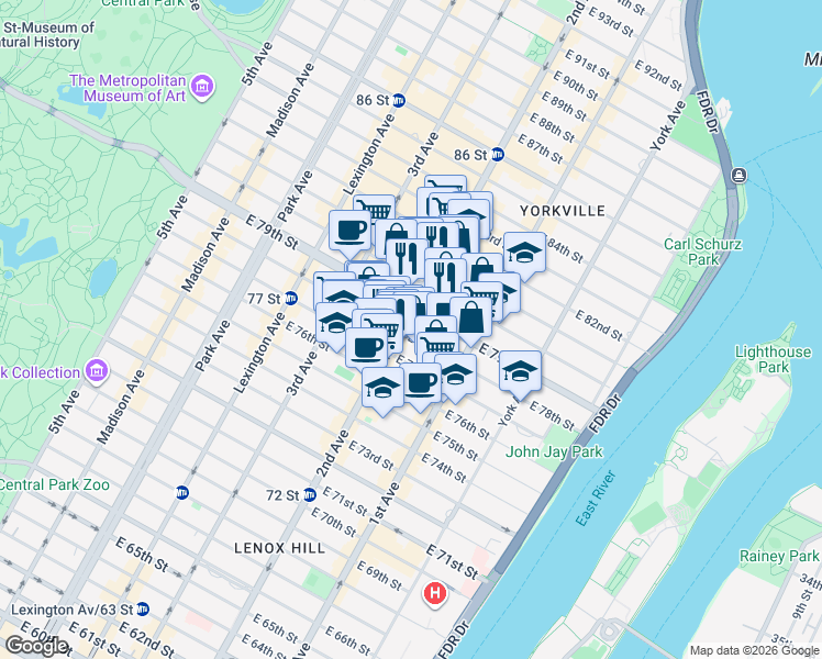 map of restaurants, bars, coffee shops, grocery stores, and more near in New York
