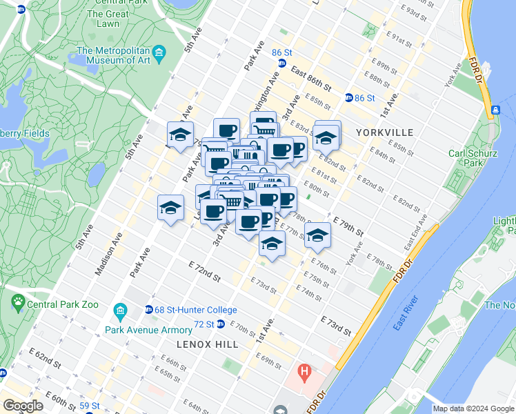 map of restaurants, bars, coffee shops, grocery stores, and more near 205 East 77th Street in New York