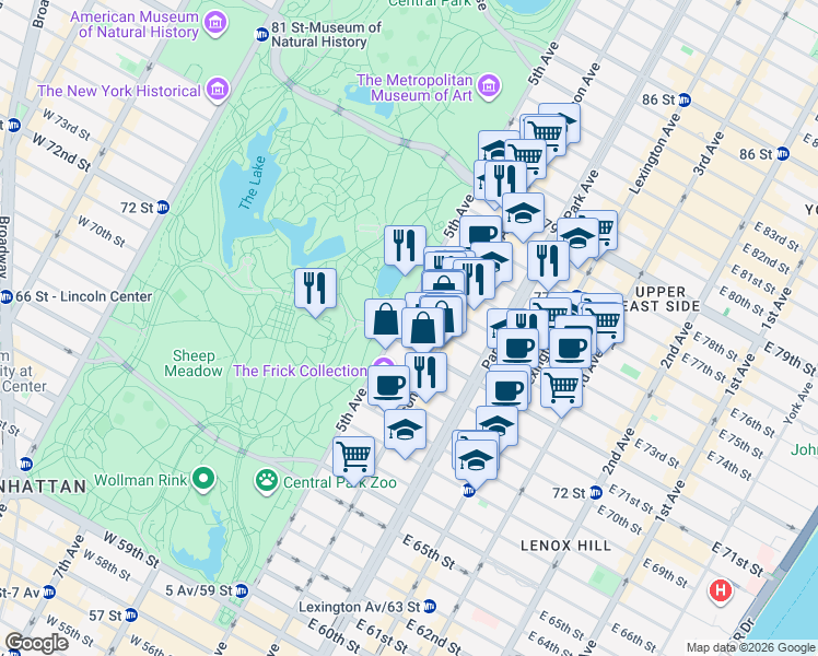 map of restaurants, bars, coffee shops, grocery stores, and more near 909 5th Avenue in New York