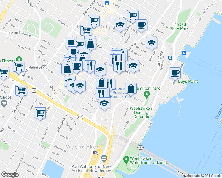 map of restaurants, bars, coffee shops, grocery stores, and more near 111 38th Street in Union City