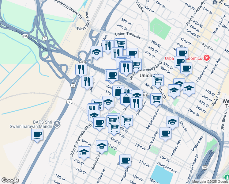 map of restaurants, bars, coffee shops, grocery stores, and more near 1217 28th Street in North Bergen