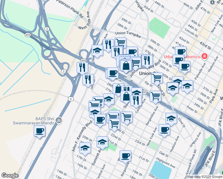 map of restaurants, bars, coffee shops, grocery stores, and more near 1217 28th Street in North Bergen