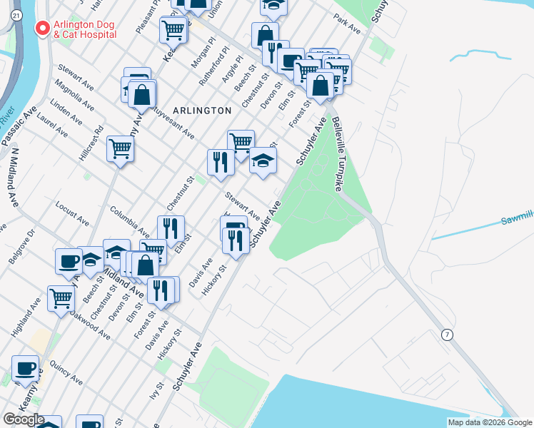 map of restaurants, bars, coffee shops, grocery stores, and more near 24 Prospect Place in Kearny