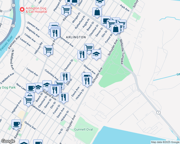 map of restaurants, bars, coffee shops, grocery stores, and more near 284 Stewart Avenue in Kearny