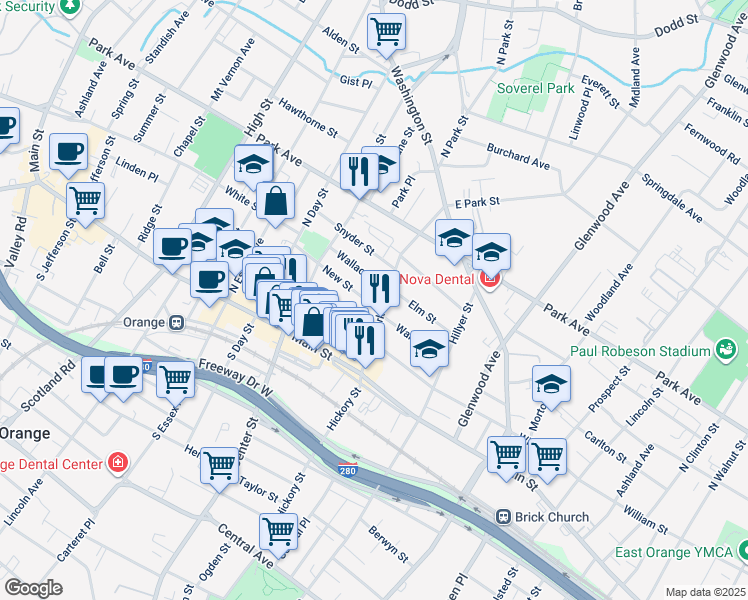 map of restaurants, bars, coffee shops, grocery stores, and more near 184 Wallace Street in City of Orange