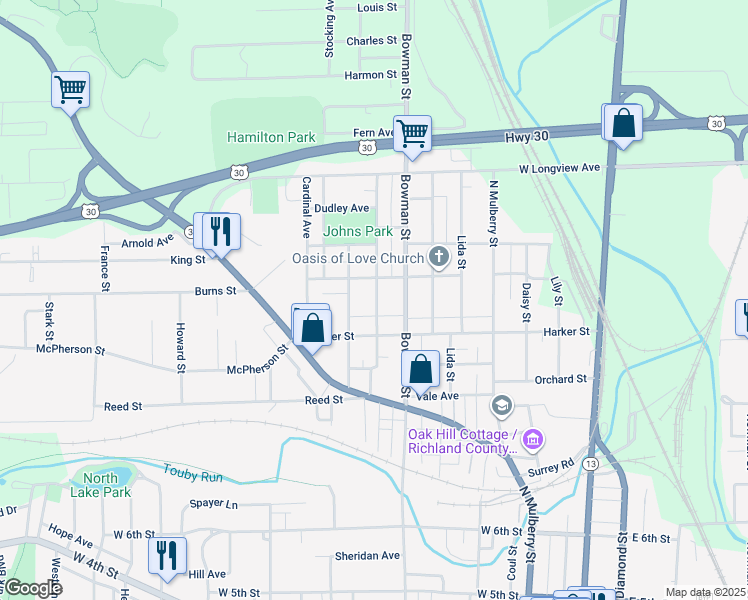 map of restaurants, bars, coffee shops, grocery stores, and more near 514 Johns Avenue in Mansfield