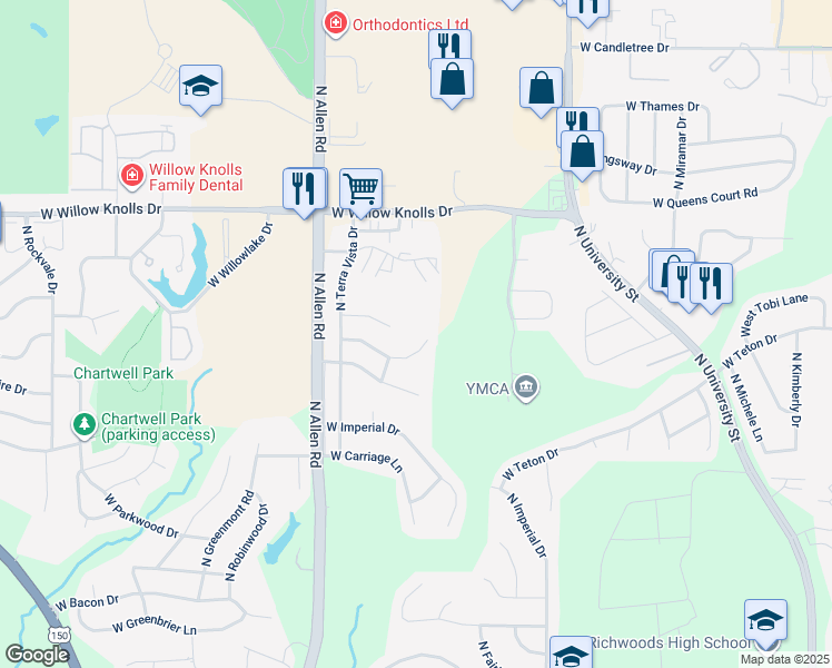map of restaurants, bars, coffee shops, grocery stores, and more near 2400 West Cabana Court in Peoria