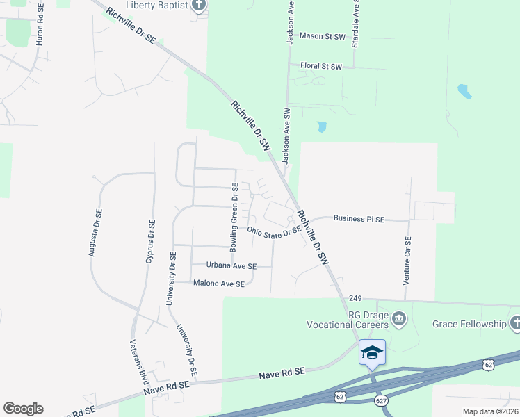 map of restaurants, bars, coffee shops, grocery stores, and more near 2086 University Commons Drive Southeast in Massillon