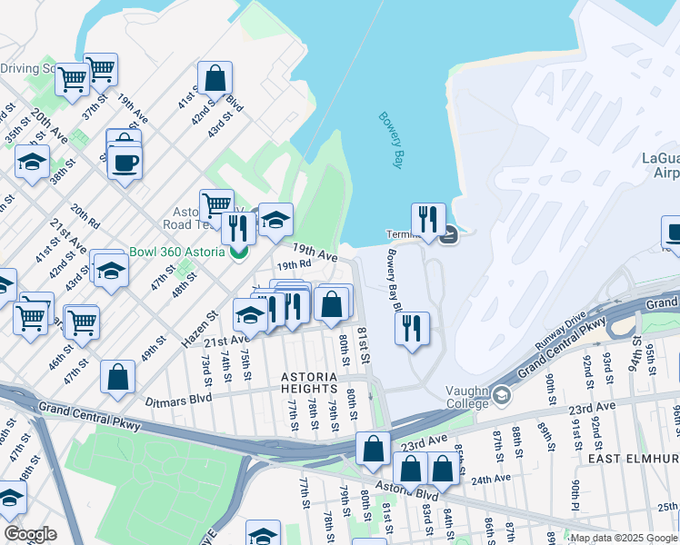 map of restaurants, bars, coffee shops, grocery stores, and more near 80-8 19th Avenue in Queens