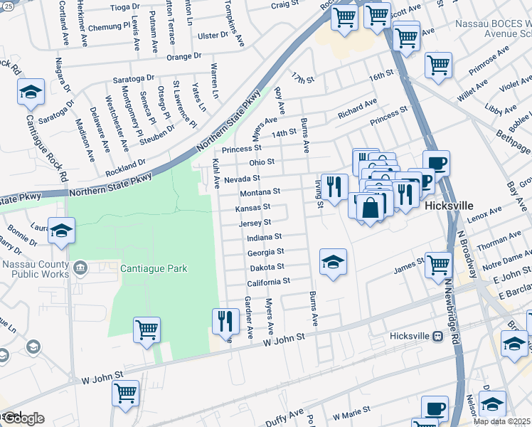 map of restaurants, bars, coffee shops, grocery stores, and more near 84 Myers Avenue in Hicksville