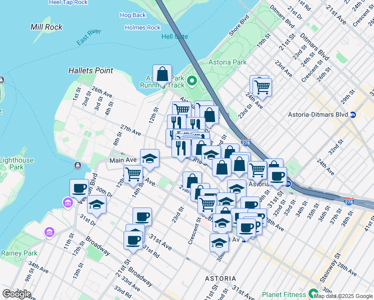 map of restaurants, bars, coffee shops, grocery stores, and more near 18-29 27th Avenue in Queens