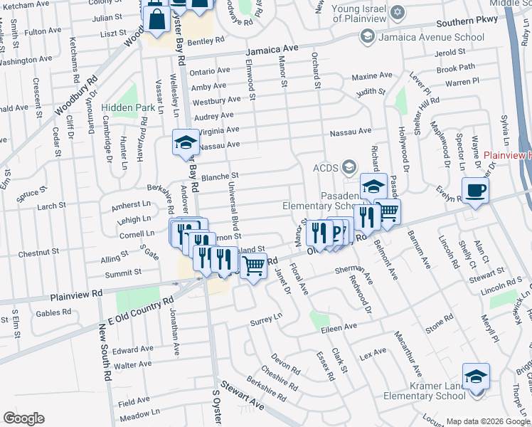 map of restaurants, bars, coffee shops, grocery stores, and more near 49 Relda Street in Plainview