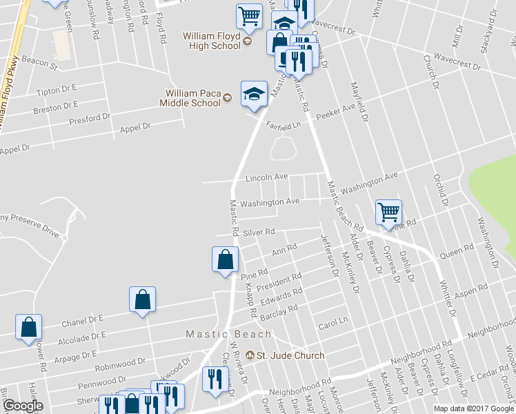 map of restaurants, bars, coffee shops, grocery stores, and more near 188 Washington Avenue in Mastic Beach
