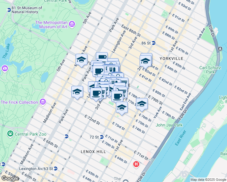 map of restaurants, bars, coffee shops, grocery stores, and more near 213 East 77th Street in New York