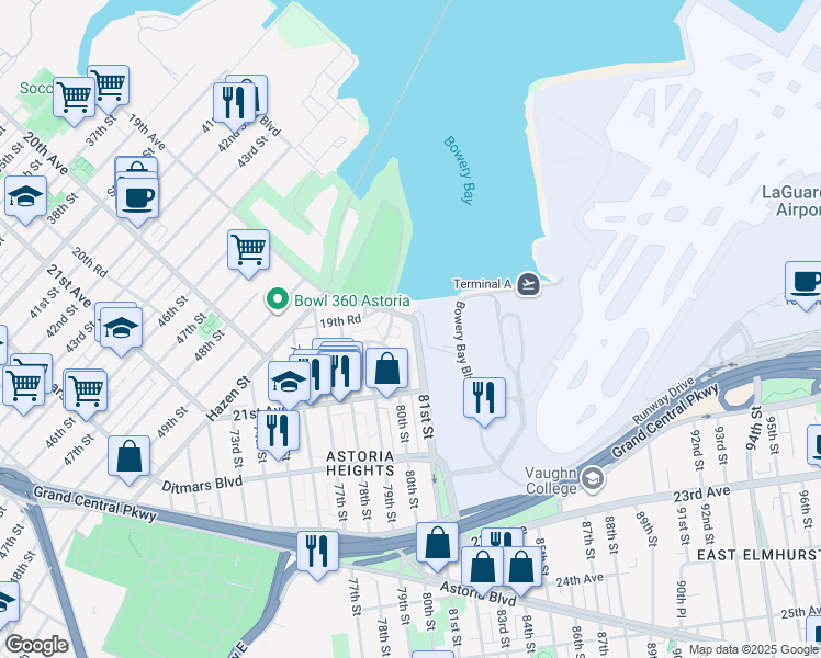 map of restaurants, bars, coffee shops, grocery stores, and more near 19-08 81st Street in Queens